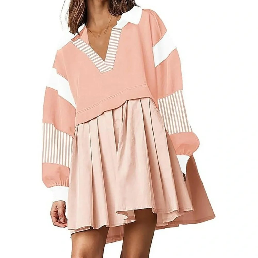 Amazon’s Women’s oversized Medium Pleated Patchwork Dress with Collar - Picture 2 of 6